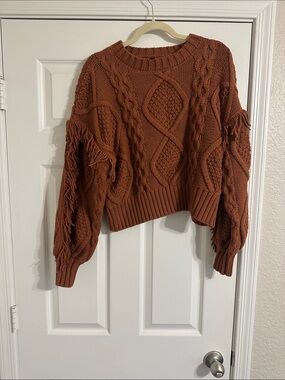 Line and dot. Fringed Cable Knit Crop Sweater - Rust